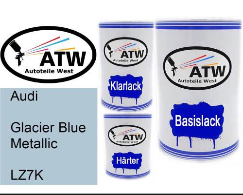 Audi, Glacier Blue Metallic, LZ7K: 500ml Lackdose + 500ml Klarlack + 250ml Härter - Set, von ATW Autoteile West.